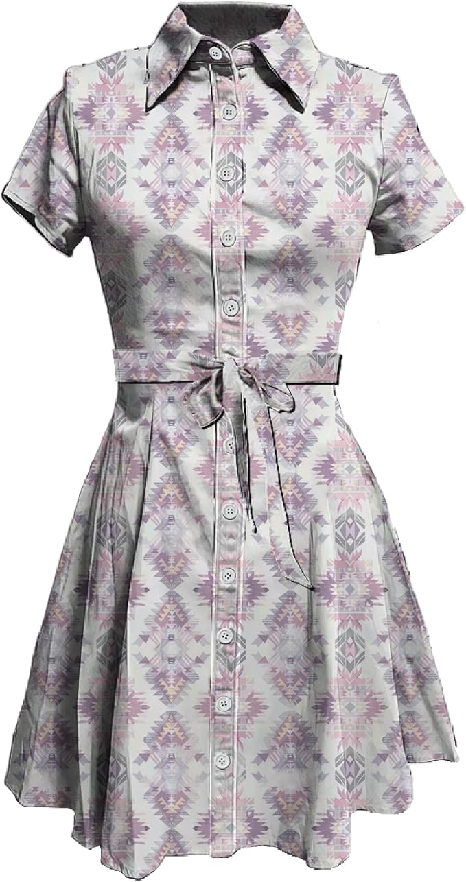 MARSVOVO Vintage Retro Shirt Dress for Women Short Sleeve Button Down Tie Waist Elegant Smocked Knee Length Dress