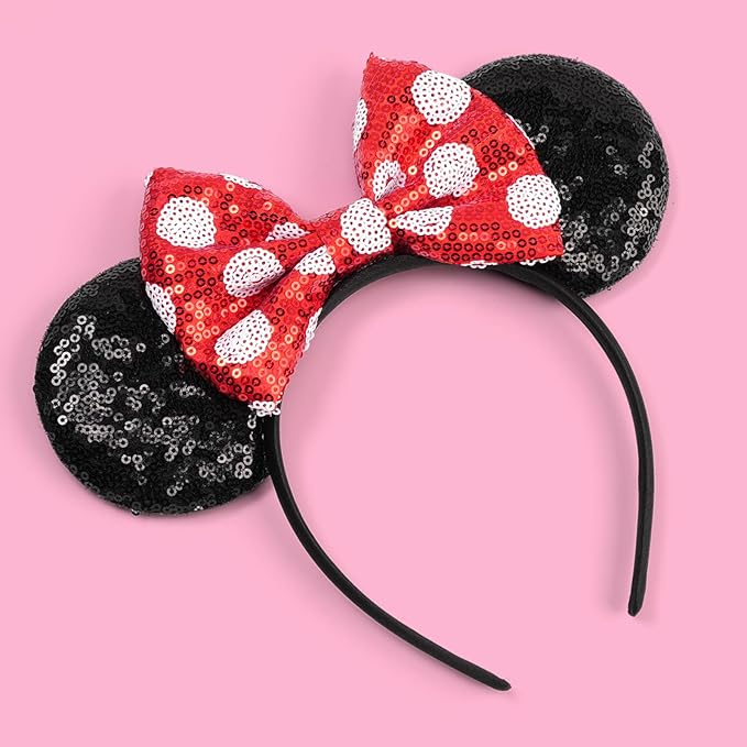 bianbaistar Sequin Mouse Ears，Black and Red Polka Dot Mouse Ear Headband for Holiday or Amusement Park Accessories，Princess Dress Up Hair Accessory