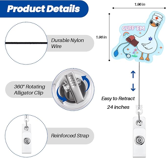 Cuff 'Em Funny Nurse Badge Reel, Cute Retractable ID Card Badge Holder with Alligator Clip, Silly Goose Name Tag Medical Badge Buddy for RN CAN LPN MA BSN Nursing Student Doctor, Nurse Gifts, Acrylic
