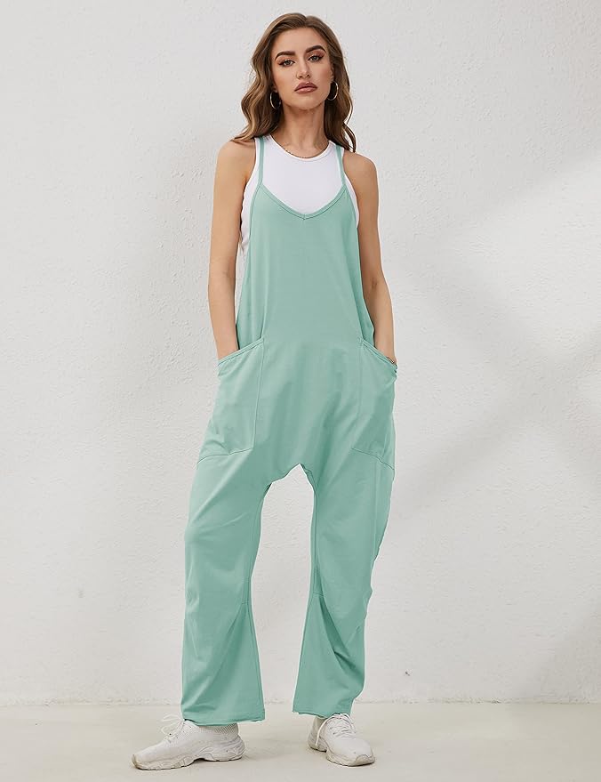 Lentta Women's Causal Jumpsuits V Neck Sleeveless Harem Overalls Stretchy Adjustable Strap Romper with Pockets