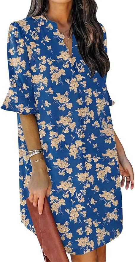 QACOHU Summer Dresses for Women V Neck Ruffle Short Sleeve Casual Shift Dress