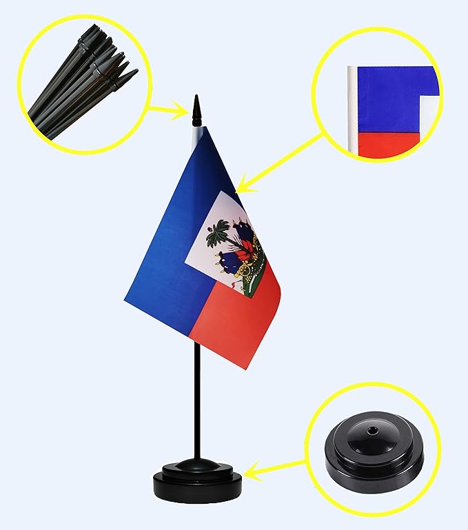 USA American & Haiti Haitian Desk Flags, US Haiti Table Flag, Small Mini American & Haitian Twin Table Office Flag, Miniature Haitian and US Desktop Flag With 13" Solid Black Pole, Black Base