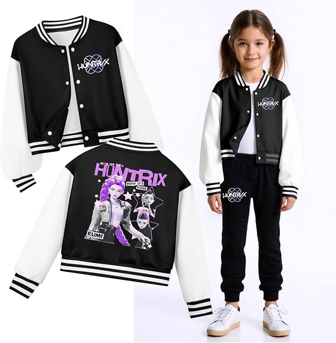 K PopGirls Kpop Tracksuit Cute Cartoon Print Baseball Coats Fashion Long Sleeve Jackets and Pants Christmas Costume Set
