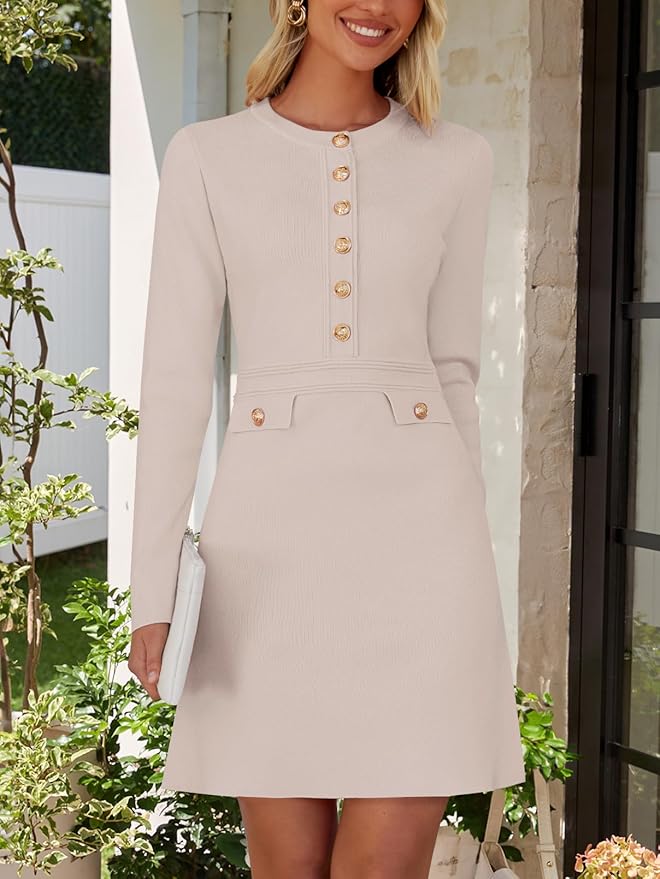 NENONA Women's 2026 Long Sleeve Fall Winter Sweater Dress Spring Fashion Button Elegant Business Casual Work Mini Dresses
