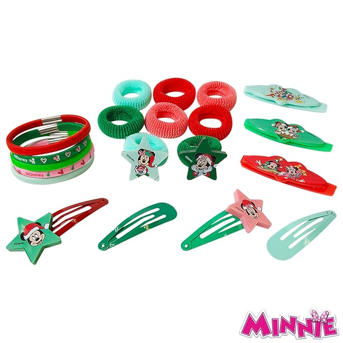 Luv Her Disney Girls' Hair Accessories Set - 20 Pack Featuring Mickey & Minnie Christmas themed - Includes 3 Barrettes, 4 Snap Clips, 5 Elastics, 8 Terry Ponies - Everyday Wear, Ages 3+
