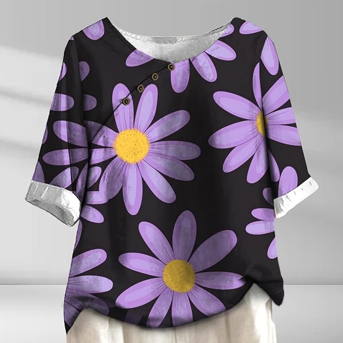Women's Shirts Dressy Casual Asymmetric Side Button Down Design Tops Summer Loose Fit Crewneck Graphic Tees