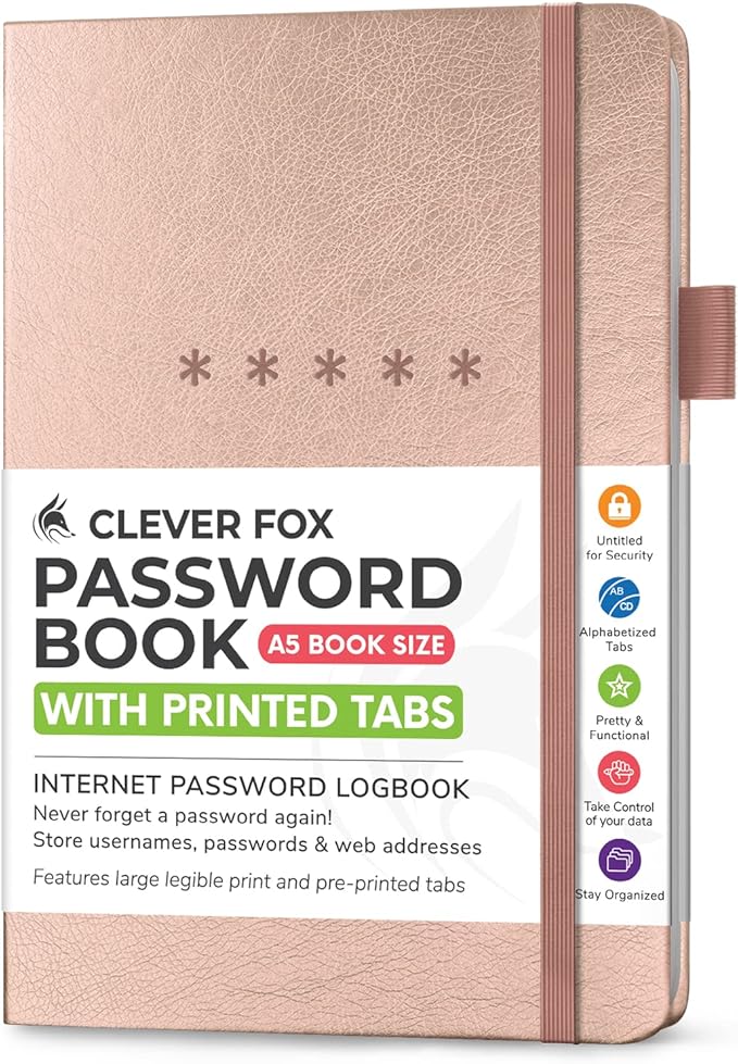 Clever Fox Password Book – Alphabetized Internet Address & Password Organizer – Computer & Website Password Keeper Notebook – Log-In Password Journal - Medium, A5, 8.3x5.8″, Hardcover (Rose Gold)