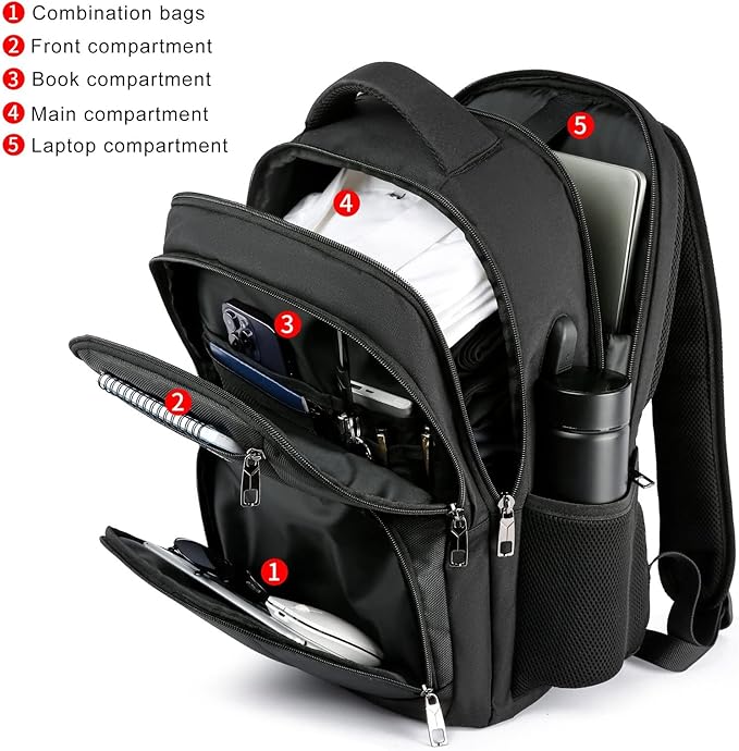 RJEU School Backpack for Teen Boys,15.6 Inch Anti Theft Laptop Bookbag with USB Charging Port, Water Resistant College, High School, Ergonomic Straps, Multiple Compartments, Men, Black