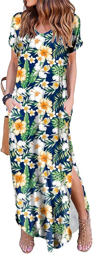 Arolina Women's Summer Maxi Dress Short Sleeve V Neck Casual Loose Long Beach Split Dresses with Pockets