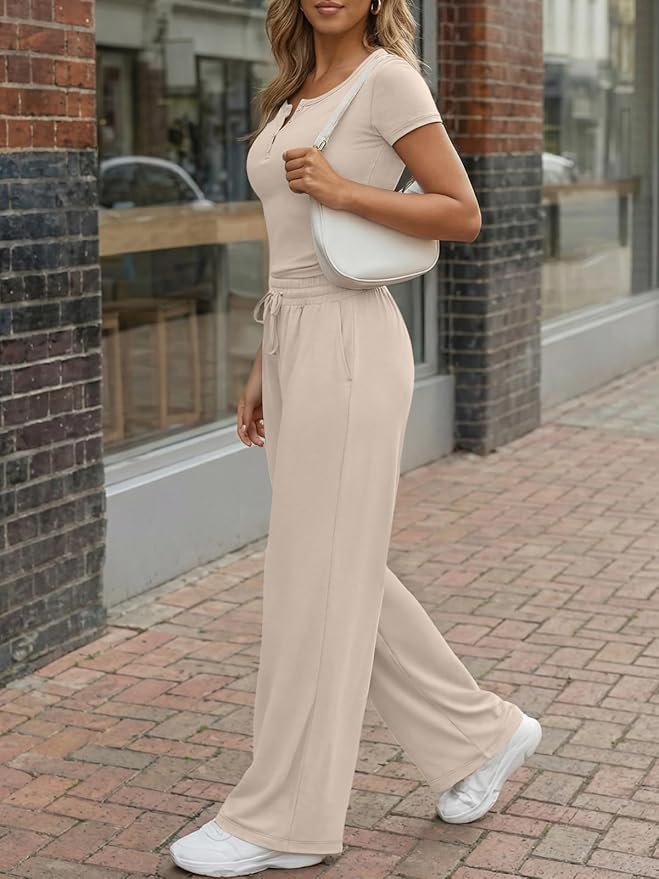 Trendy Queen Women's 2 Piece Matching Lounge Sets Summer Henley Neck Slightly Crop Top Wide Leg Pants Casual Sweat Suit