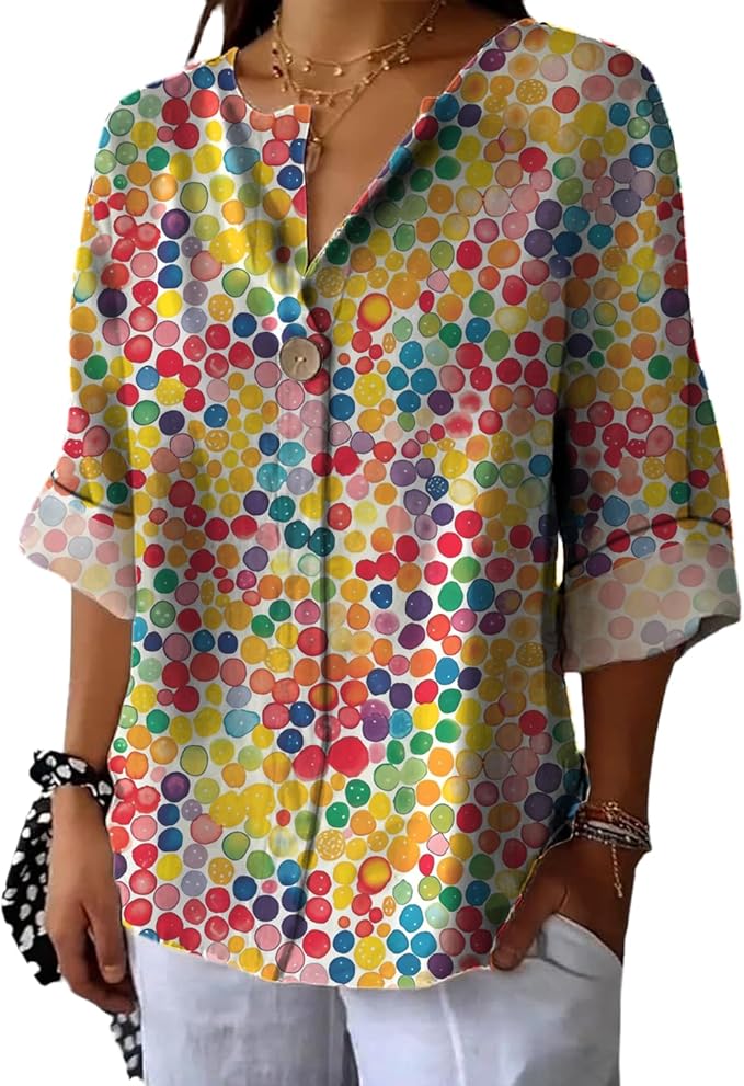 Long Sleeve Shirts for Women V Neck Button Boho Graphic Blouses Casual Collared Fashion Summer Flowing Tops