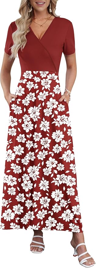 AUSELILY Maxi Dresses for Women Ankle Length Floral Print Beach Long Flowy Dress with Pockets