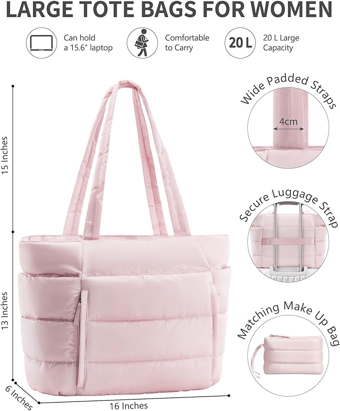 Puffer Tote Bag for Women, Lightweight Puffy Work Handbag Teacher Nurse Quilted Shoulder Bag for School Travel Gym | Quilted, with Zipper, Daily Carry On Bags, Comfy College Bags, 15.6" Laptop Sleeve, Cup Holder Pocket, Portable, Spacious