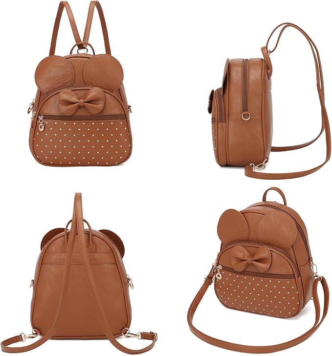KL928 Girls Mini Backpack Bowknot Polka Dot Cute Daypacks Convertible Shoulder Bag Purse for Women (Brown)