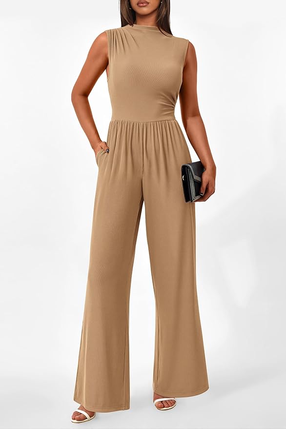 PRETTYGARDEN Womens Summer Jumpsuits Dressy Casual One Piece Outfits Sleeveless Mock Neck Wide Leg Pants Rompers with Pockets