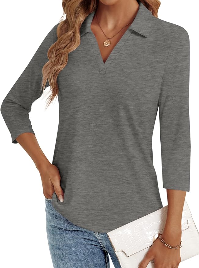3/4 Length Sleeve Womens Tops Dressy Casual V Neck Polo Shirts Business Work Blouses 2025 Trendy Tunic Top