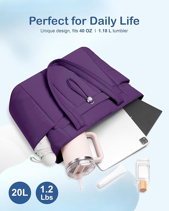 TOPDesign Puffy Tote Bag for Women with Cup Holder & Laptop Compartment & Cosmetic Bag & Trolley Sleeve for Work, Travel