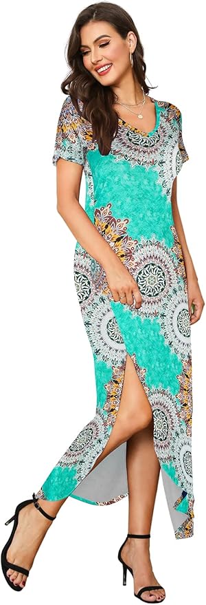 Arolina Women's Summer Maxi Dress Short Sleeve V Neck Casual Loose Long Beach Split Dresses with Pockets