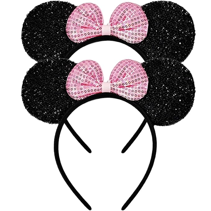 MADO 2 pack mouse ears headbands for adults women little girls boys (sparkle pink, onesize)