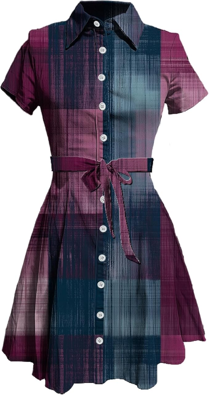 MARSVOVO Vintage Retro Shirt Dress for Women Short Sleeve Button Down Tie Waist Elegant Smocked Knee Length Dress