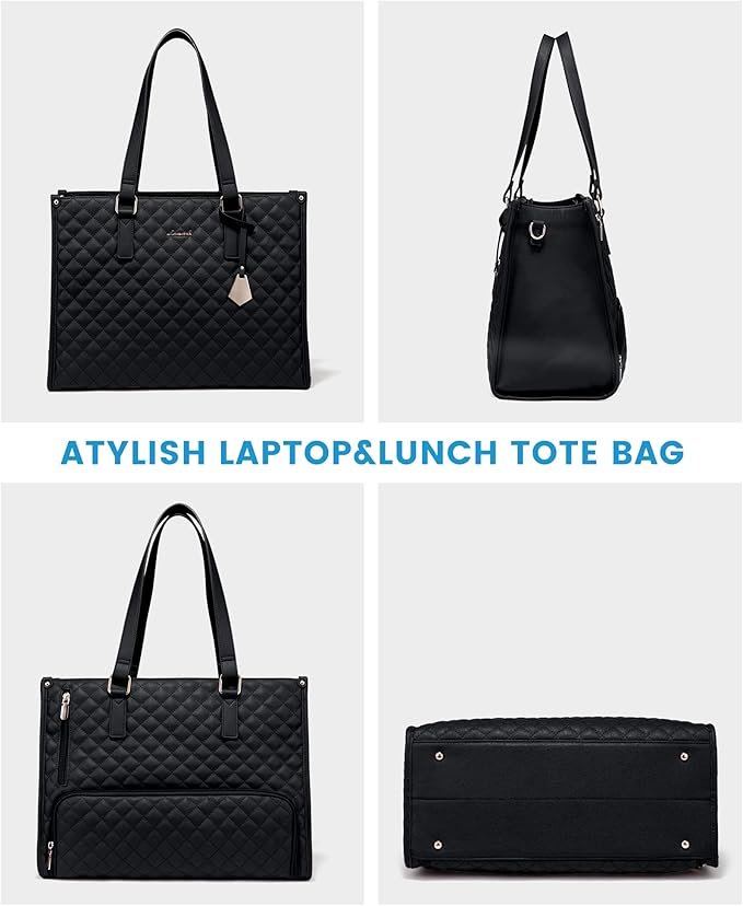 LOVEVOOK Lunch Tote Bag for Women, 17.3 Inch Laptop Bag with Insulated Lunch Compartment, Quilted Large Capacity Computer Handbag with Purse for Business, Work, Nurse, Office, Collage, Casual, Black