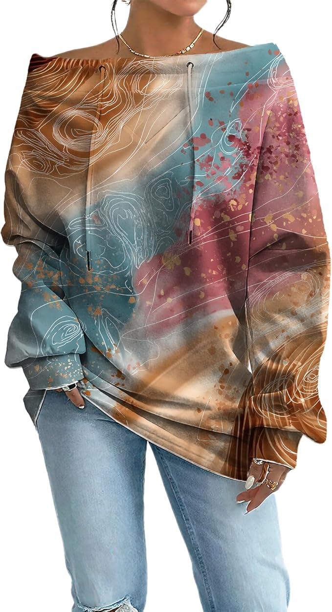 Womens Sweatshirts Floral Print Sexy Off The Shoulder T Shirts Oversized Long Sleeve Pullover Fall Tops