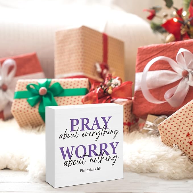 Purple Desk Decor, Christian Gifts for Women Friends, Pray About Everything Worry About Nothing Wood Sign for Home Office Prayer Room Decor