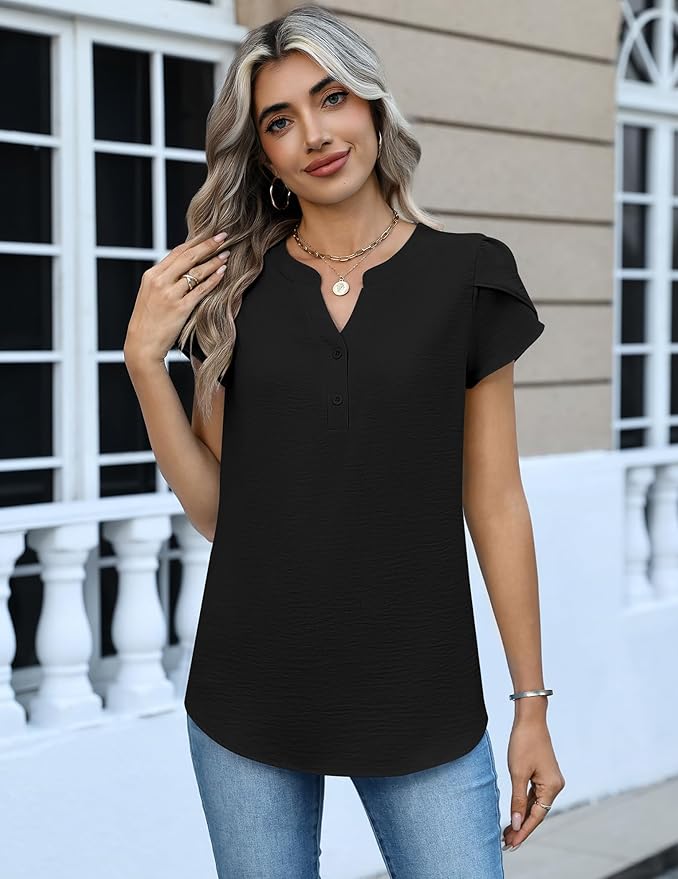 Zeagoo Womens Tops Dressy Casual Textured Blouses Cap Short Sleeve Shirts V Neck Button Up Summer Spring Work Tshirt Clothes