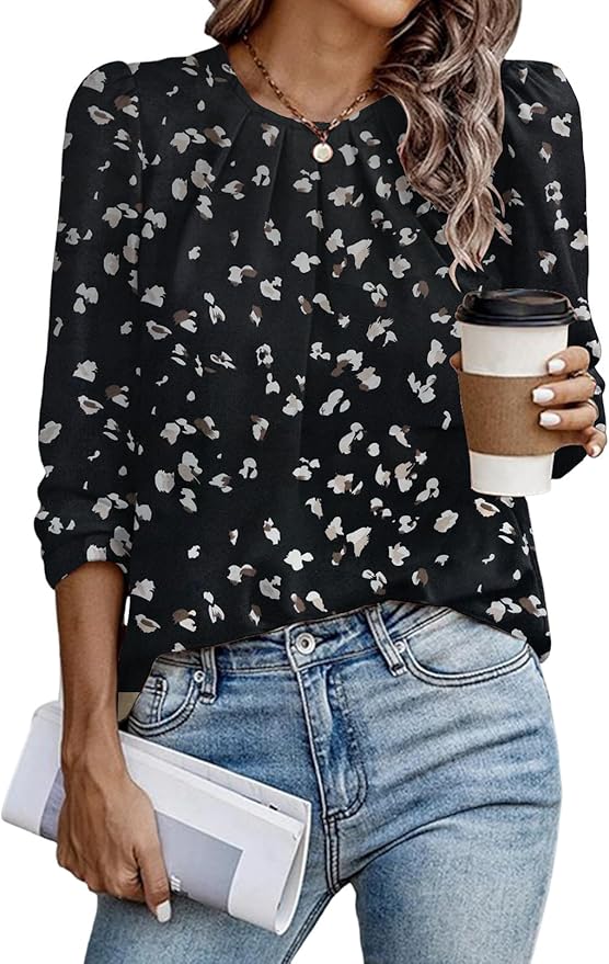 Samefar Womens Tops Dressy Casual Pleated Crew Neck Long Sleeve Shirts Office Work Chiffon Blouses