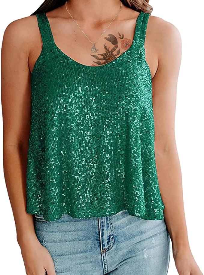 Sequin Top for Women Summer Scoop Neck Trendy Y2k Shining Shirts Casual Sleeveless Camisole Party Base Tank Tops