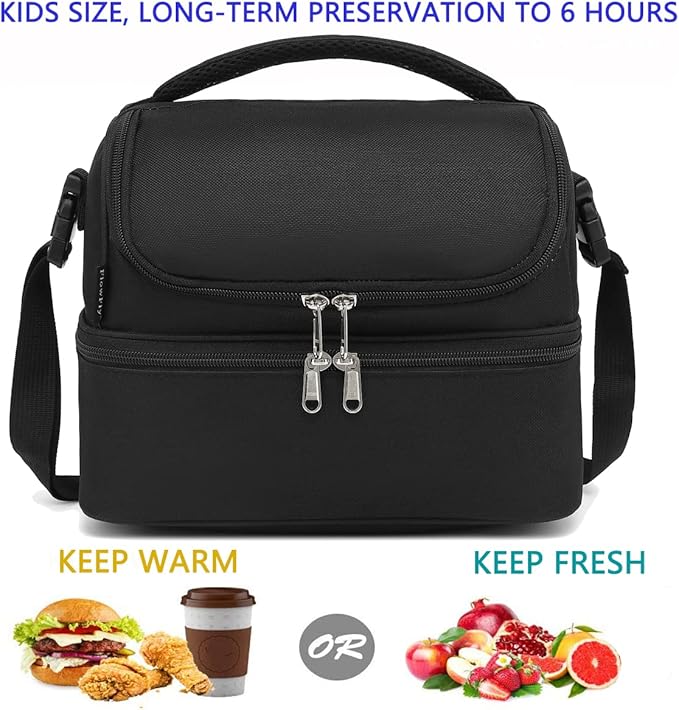 FlowFly Double Decker Cooler Insulated Lunch Bag Large Tote for Boys, Girls, Men, Women, With Adjustable Strap,Black