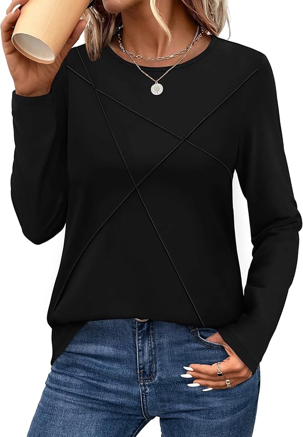 XIEERDUO Long Sleeve Shirts for Women Business Casual Tops Trendy Crewneck Fall T Shirts Pleated Loose Fit