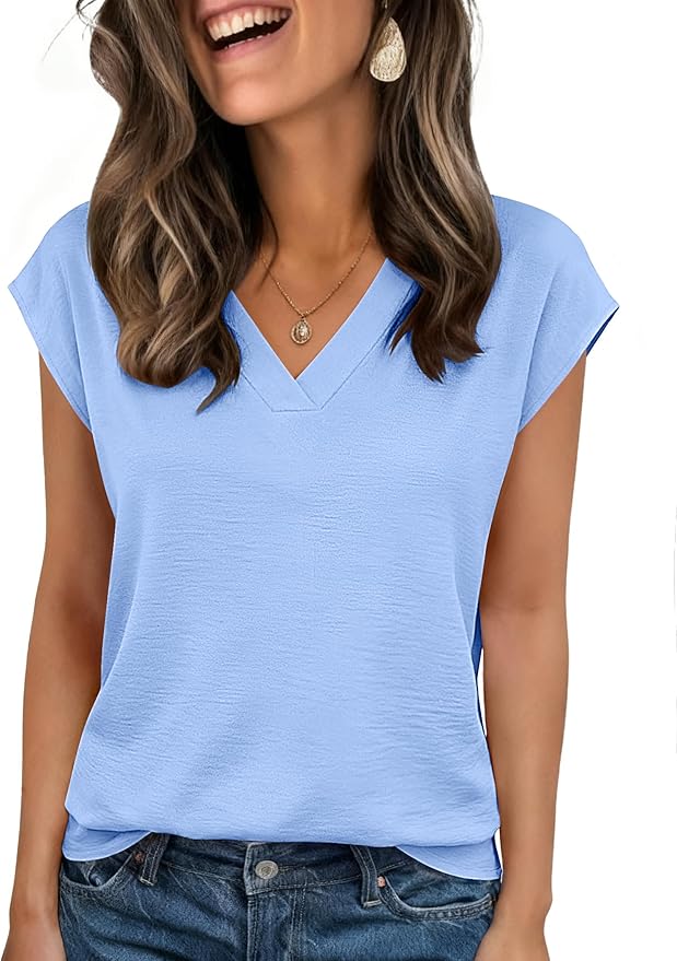 Zeagoo Womens Tops Cap Short Sleeve Textured Blouse V Neck Summer Spring Shirts Business Casual Outfits