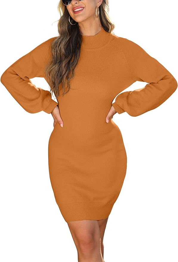 GRECERELLE 2026 Women's Mock Neck Ribbed Long Sleeve Bodycon Pullover Cute Mini Sweater Dress (XS-2XL)