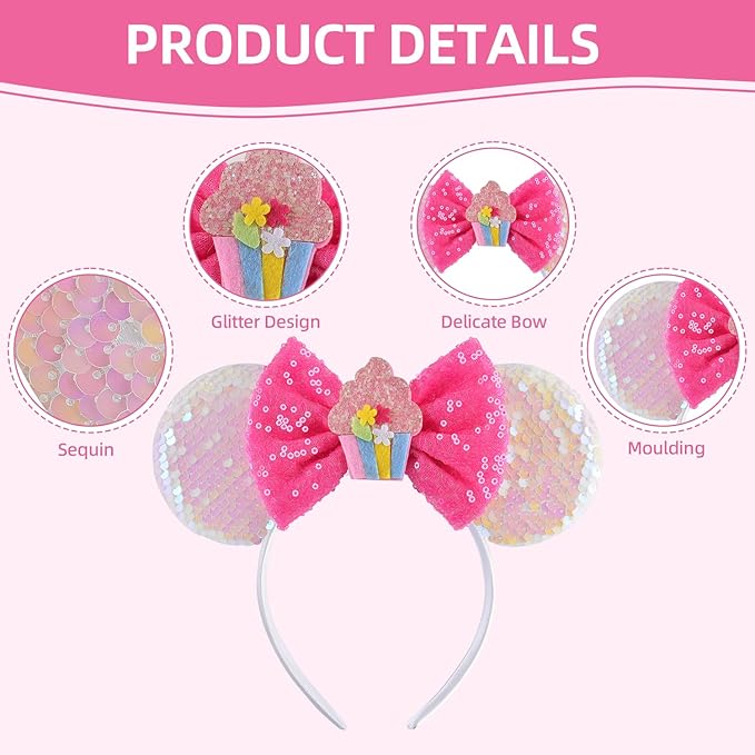Seamoy Birthday Pink Minnie Ears Headband, Sparkle Birthday Mouse Ears, Princess Headwears for Women Girls (1 Count, Pink)