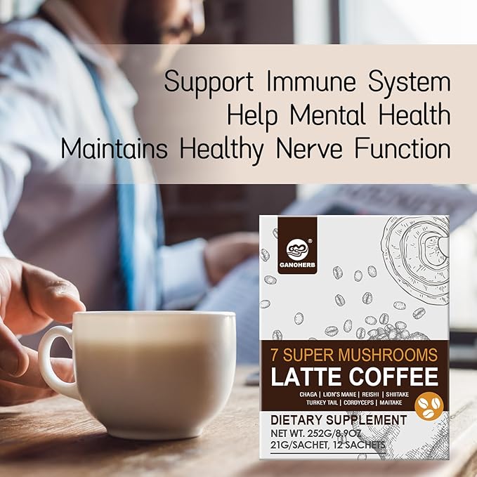 GANOHERB 7 in 1 Mushroom Coffee Mix, Instant Latte Coffee Blend Nootropic Cafe Complex with Reishi, Lion’s Mane, Chaga, Turkey Tail, Maitake, Cordyceps for Energy Focus Immune Boost (10 Servings)