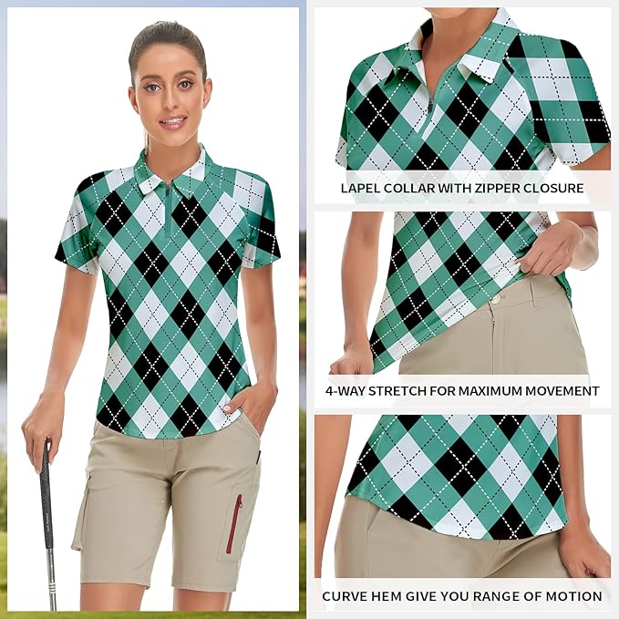 Women's Golf Shirt Short Sleeve Tennis Shirt Quarter Zip Golf Pullover Golf Polo Shirts Argyle Tops