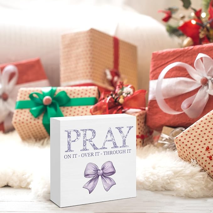 Purple Bow Room Decor, Inspirational Christian Gifts for Women, Pray on it Pray Through it Bible Verse Wooden Sign for Home Office Desk Decoration
