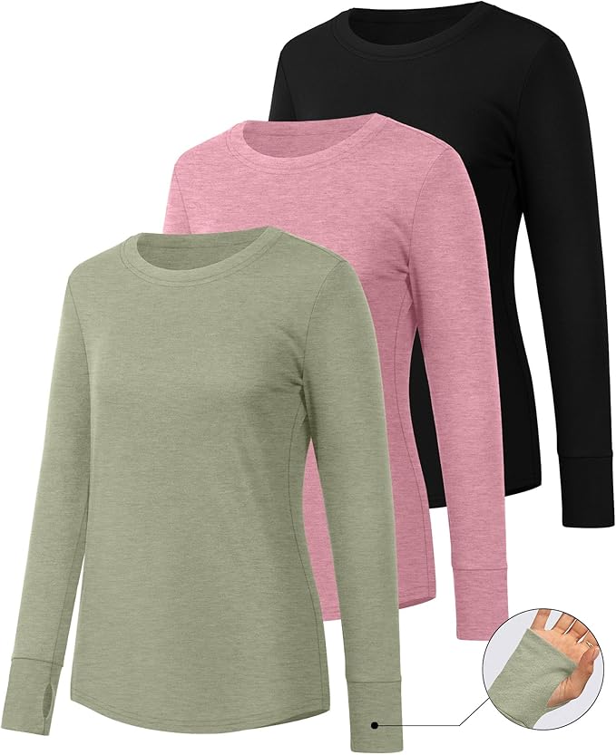 Huukeay 3 Pack Women's Long Sleeve Shirts with Thumb Holes, Cotton Casual Crew Neck Tunic Tops Fall Loose Y2k Trendy Outfits