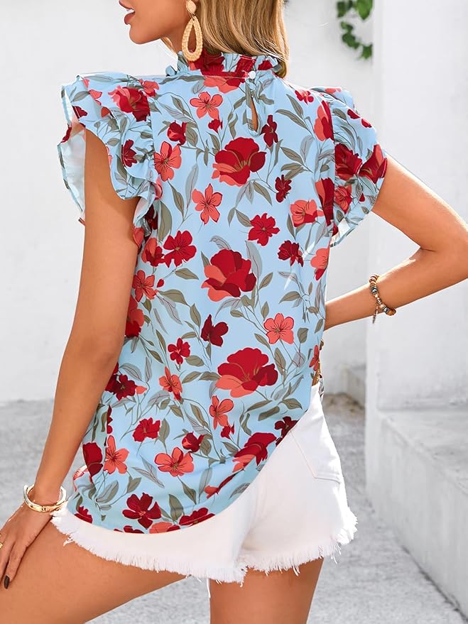 PRETTYGARDEN Women's Ruffle Short Sleeve Summer Tops 2026 Trendy Floral Trim Neck Casual Dressy Chiffon Boho Blouses Shirts