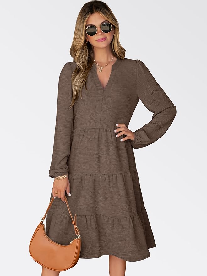 ANRABESS Womens Fall Midi Dresses Long Sleeve V Neck Swing Tiered Work Business Casual 2026 Flowy Beach Vacation Dress