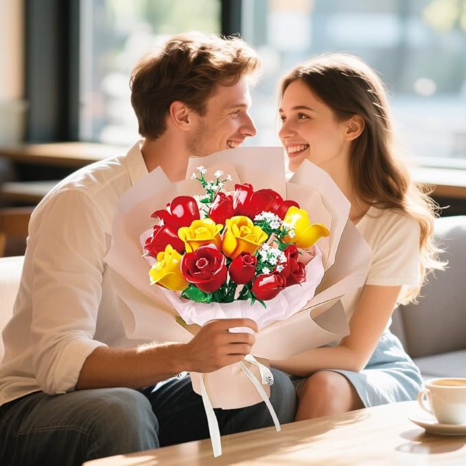 HOGOKIDS Flowers Bouquet Building Set with Lights - 16 Roses Bouquet Botanical Building Blocks Artificial Red Roses Flower for Home Decor Birthday Valentines Gifts for Adults Girl - 387PCS (Yellow)