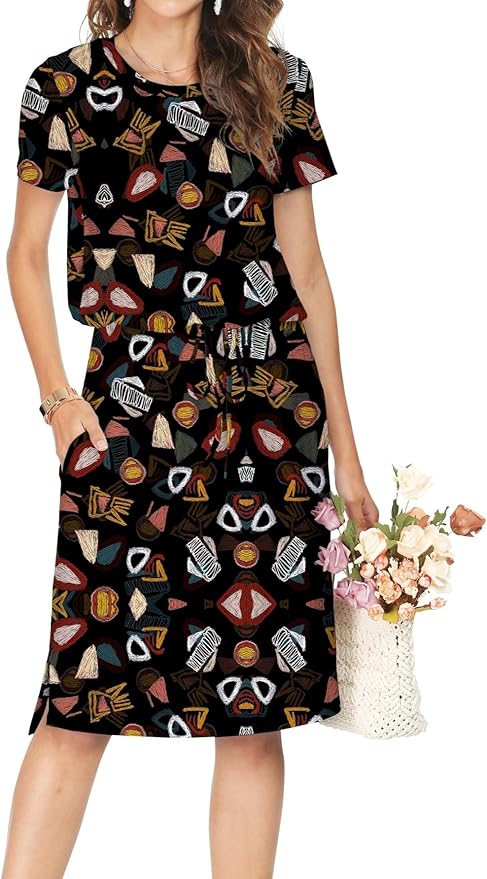 Simier Fariry Womens Spring Hide Belly Knee Length Travel Dress Pocket Summer Short Sleeve Midi Work Casual Outfits