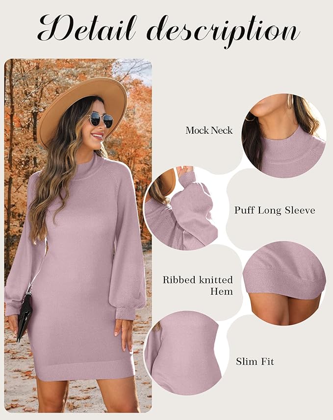 GRECERELLE 2026 Women's Mock Neck Ribbed Long Sleeve Bodycon Pullover Cute Mini Sweater Dress (XS-2XL)