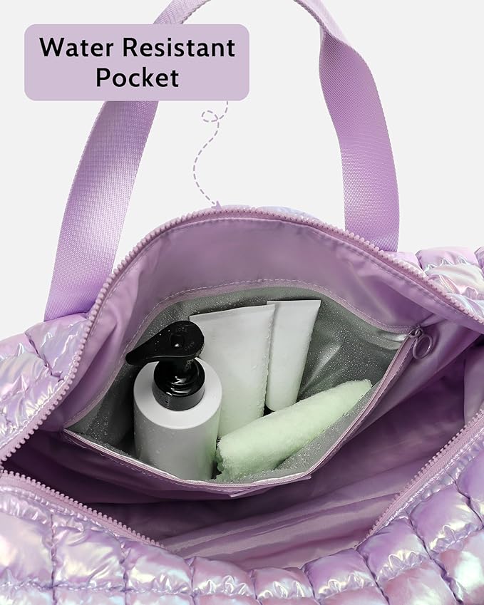 Quilted Duffel Bag for Women, Puffer Gym Duffle Bag with Shoe Compartment Lightweight Large Crossbody Sport Travel Bag Tote Purple Lilac