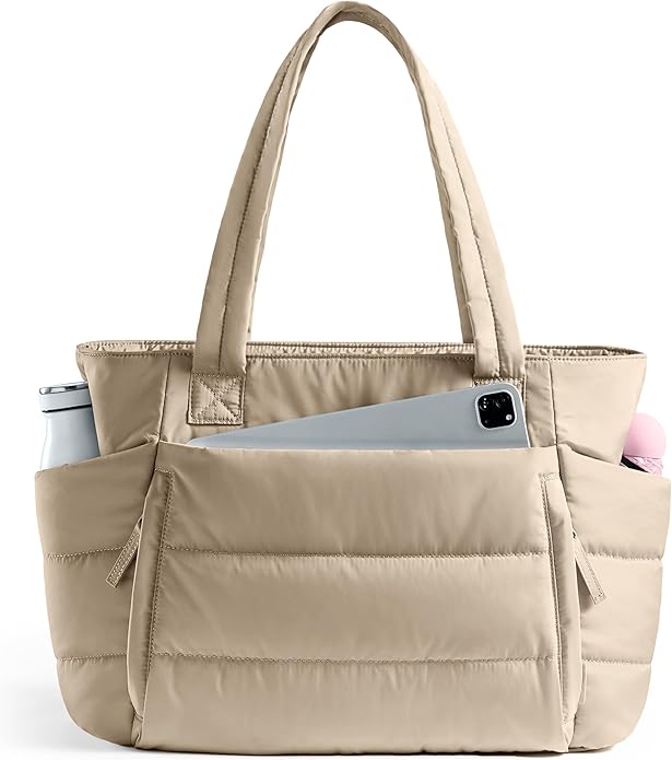 Tote Bag for Women with Zipper, Quilted Puffer Tote Bag with Compartments, Lightweight Puffy Work Bags for Women Travel