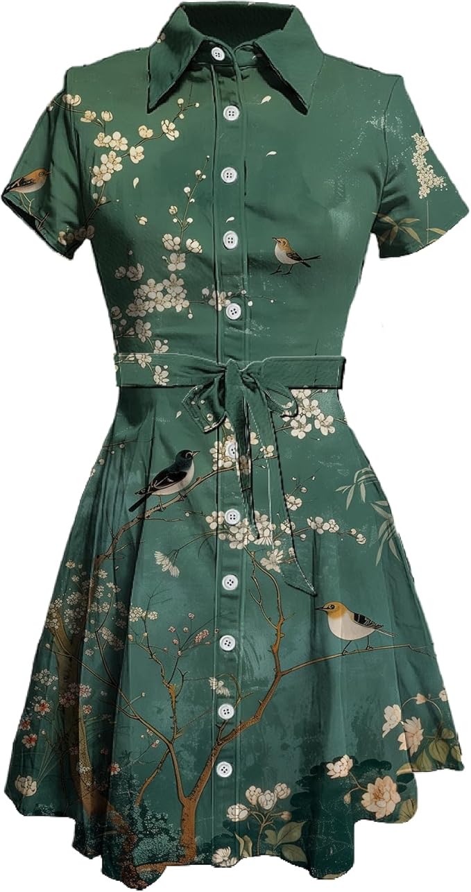 MARSVOVO Japanese Art Shirt Dresses for Women Short Sleeve Ruffle Button Down Tie Waist Trendy Elegant Midi Dress