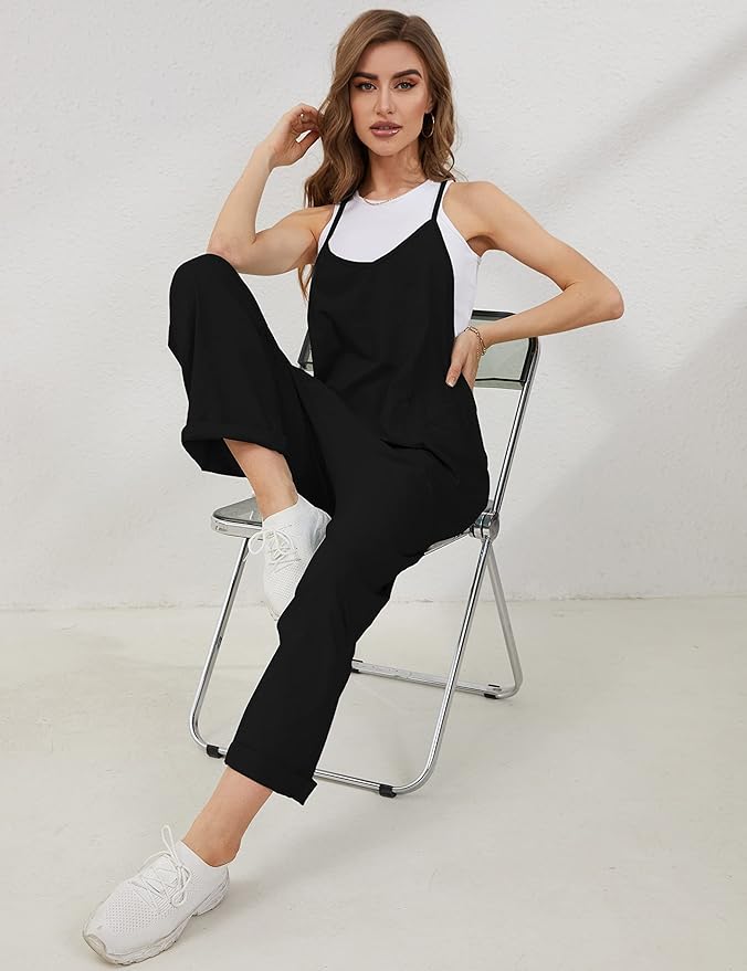 Lentta Women's Causal Jumpsuits V Neck Sleeveless Harem Overalls Stretchy Adjustable Strap Romper with Pockets
