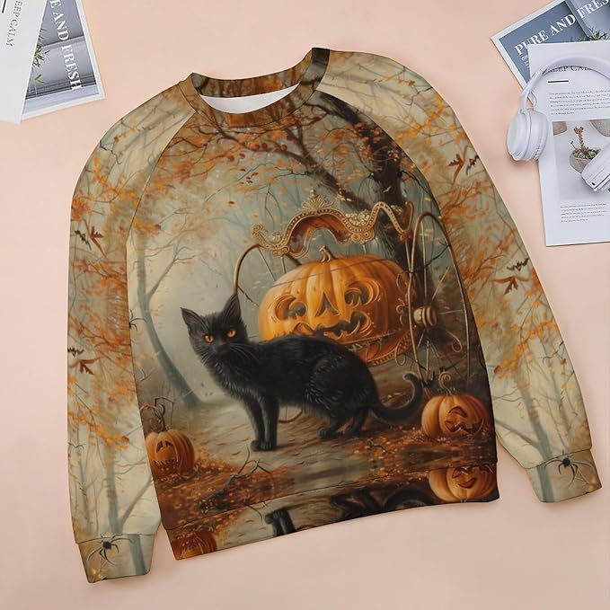 Spatofa Womens novelty funny cat printed crewneck sweatshirt casual loose long sleeve graphic pullover sweatshirts tops