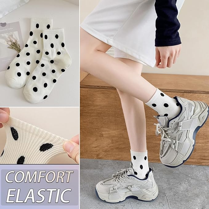 CHUNFO Womens Striped Colorful Ribbed Ankle Socks Cute Dot Athlete Crew Cotton Casual Sock Size5-10.5